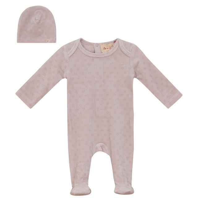 Allover Circle Print Velour Footie in Mauve by Fragile Red Stripe