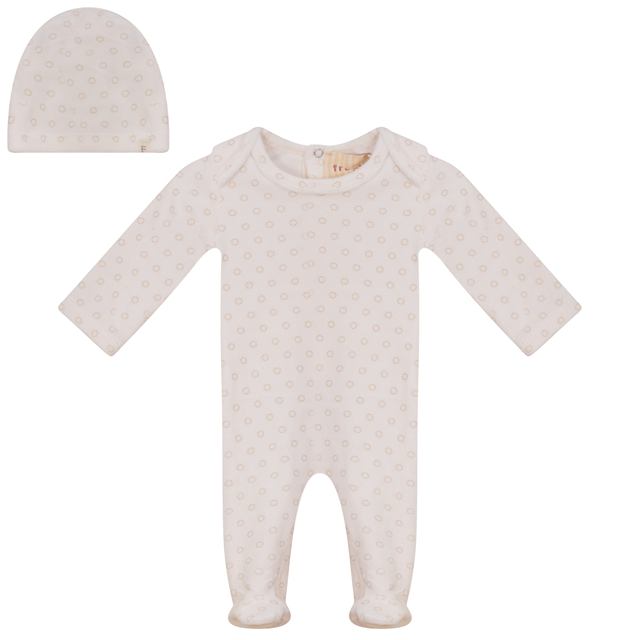 Allover Circle Print Velour Footie in Powder by Fragile Red Stripe