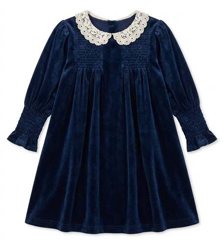 Smocked Velour Dress in Navy by Charlotte & George