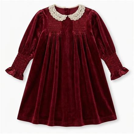 Smocked Velour Dress in Wine by Charlotte & George