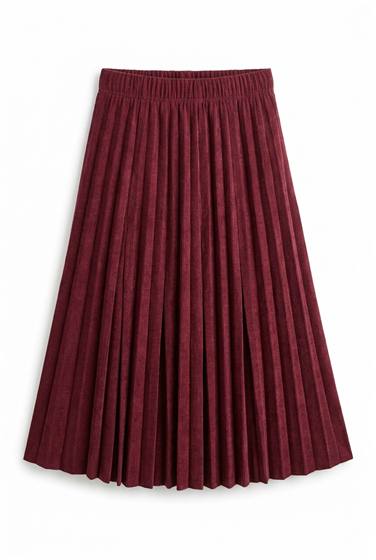 Midi Length Crinkle Pleating Skirt in Burgundy by Aspect