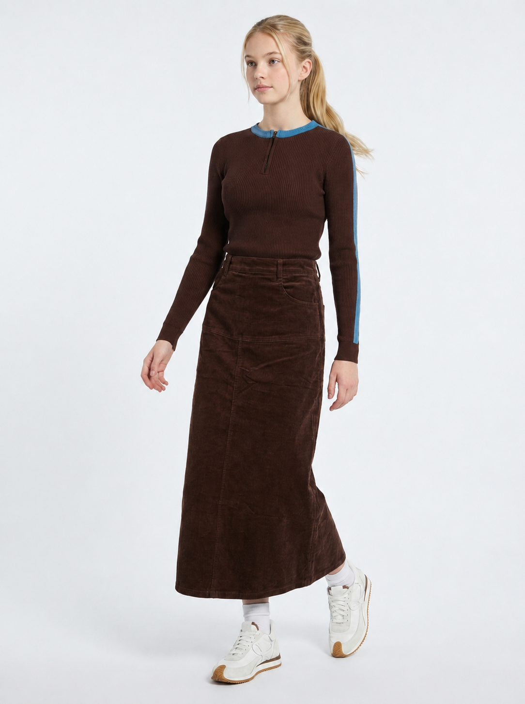 Rib Knit Top With Contrast Trim in Chocolate by Legend