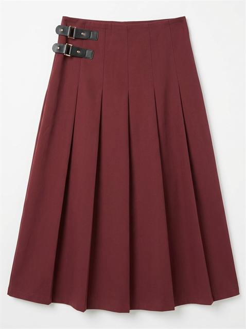 Midi Length Skirt With Straps Buckle Trim in Burgundy by Legend