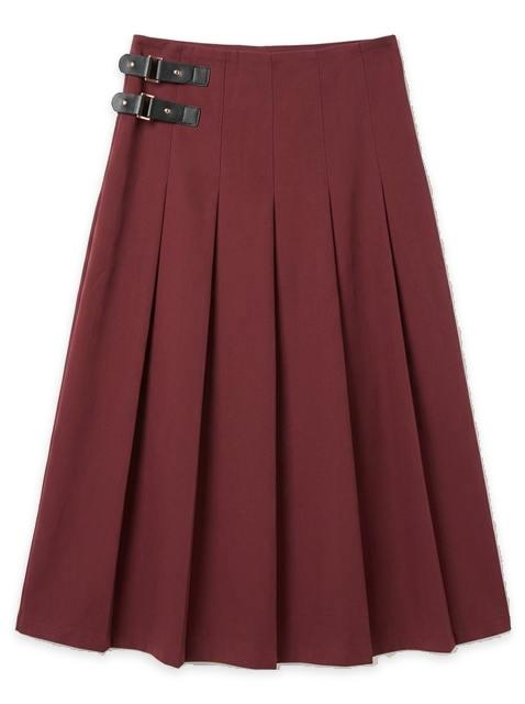 Midi Length Skirt With Straps Buckle Trim in Burgundy by Legend