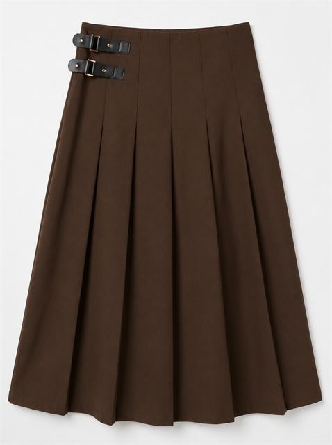 Midi Length Skirt With Straps Buckle Trim in Chocolate by Legend