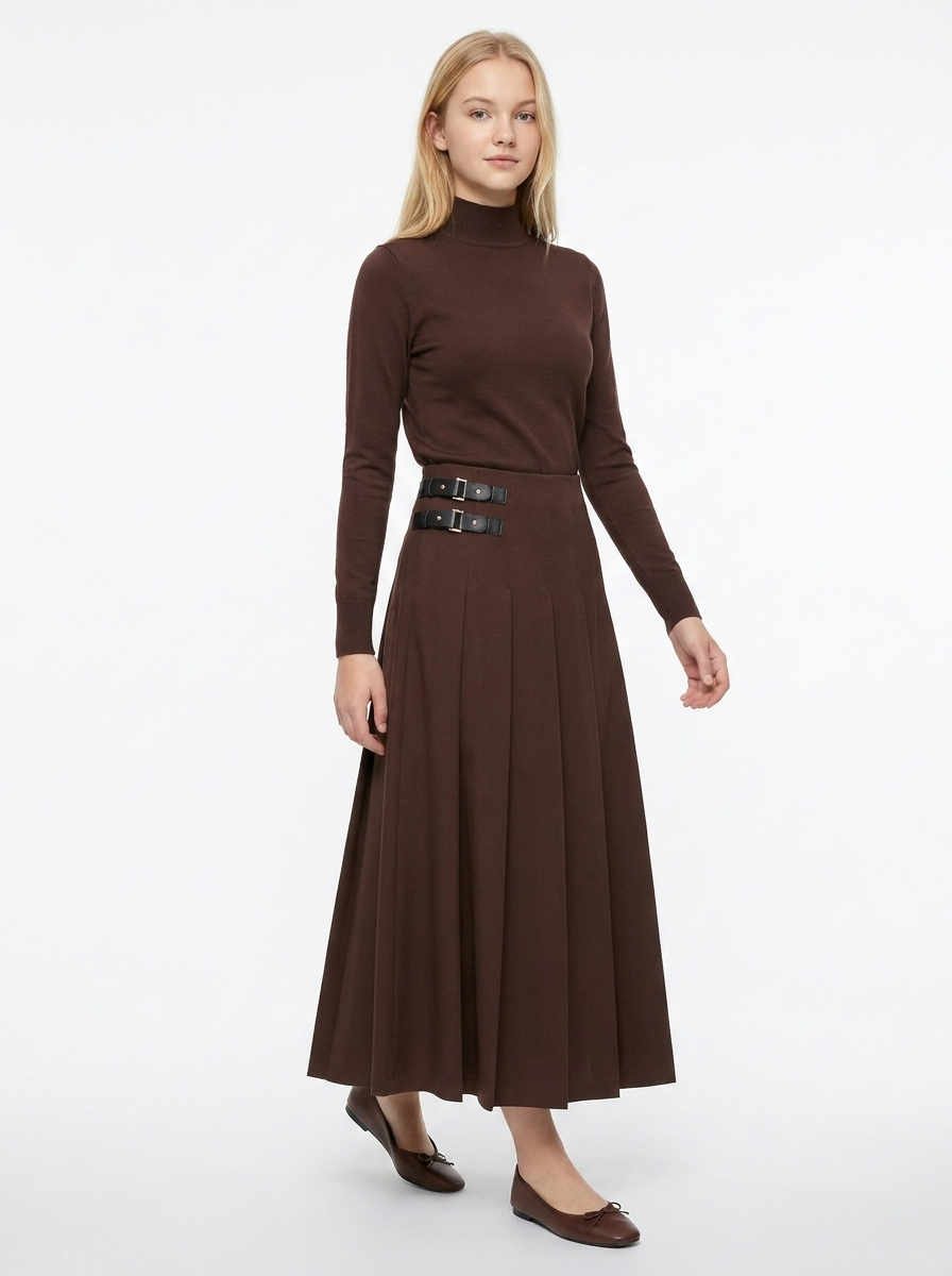 Midi Length Skirt With Straps Buckle Trim in Chocolate by Legend