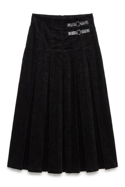 Midi Length Corduroy Pleated Skirt With Leather Straps in Black by Legend