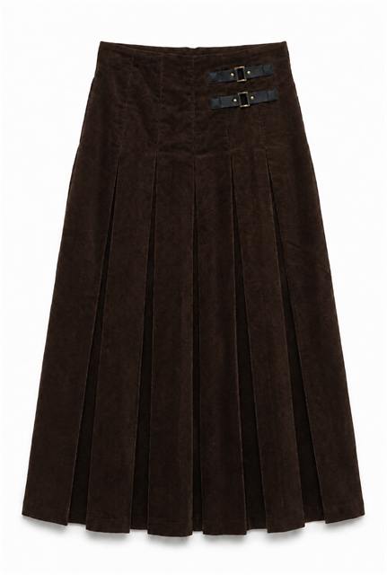 Midi Length Corduroy Pleated Skirt With Leather Straps in Chocolate by Legend