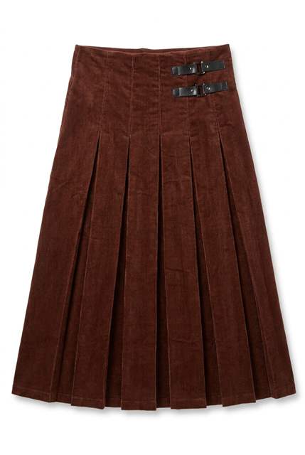 Midi Length Corduroy Pleated Skirt With Leather Straps in Wine by Legend