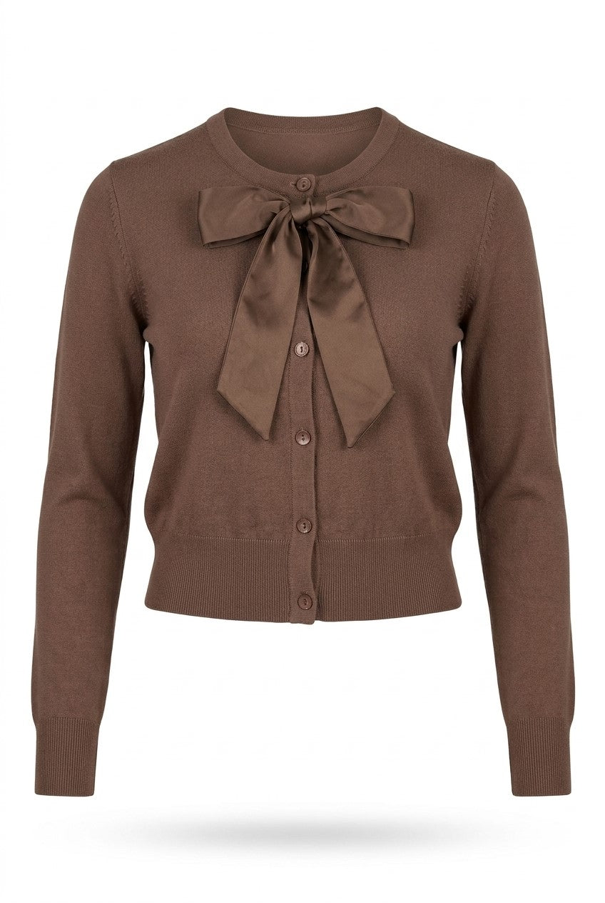 Knit Cardigan With Satin Tie in Chocolate by Legend