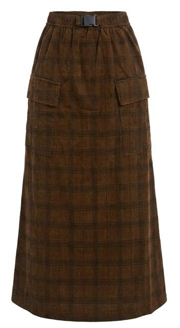 Plaid Midi Length Skirt With Pocket At Sides in Chocolate by Aspect