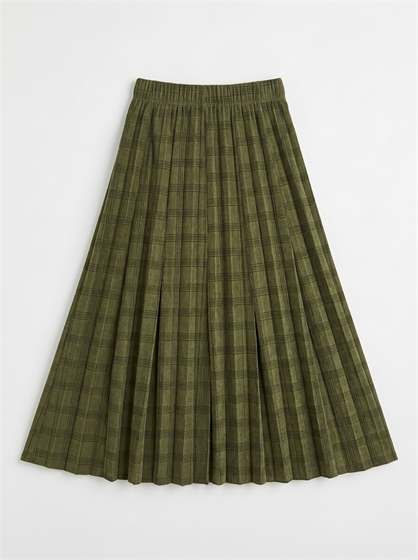 Midi Length Crinnkle Pleating Checked Skirt in Olive by Aspect