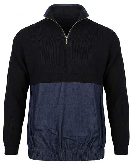 Maternity Henley Zip Denim Knit Combo Top in Black Dark Denim by La Enceinte