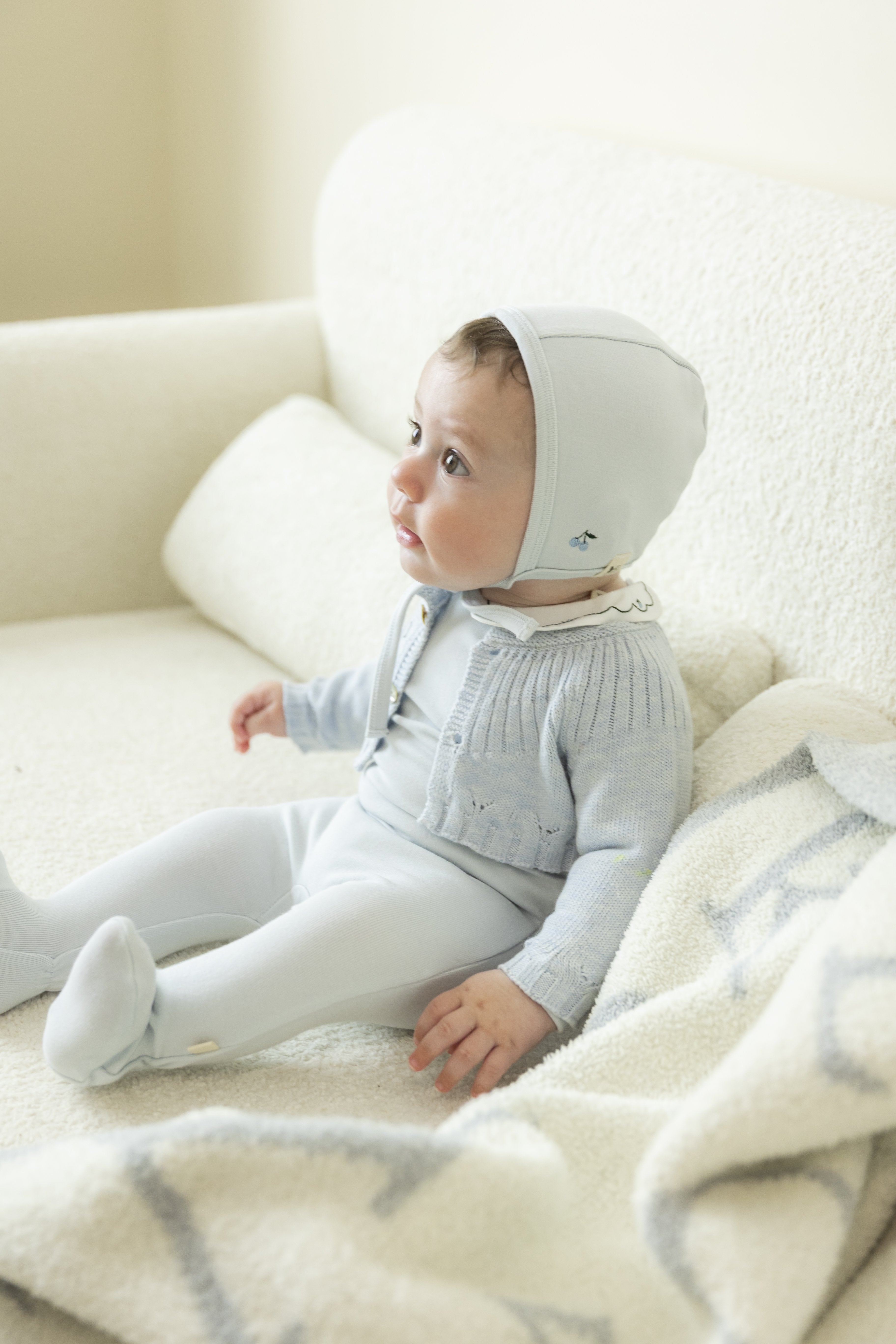 Cherry Embroidered Collar Footie & Cardigan Set in Moonstone Blue by Bebe Bella