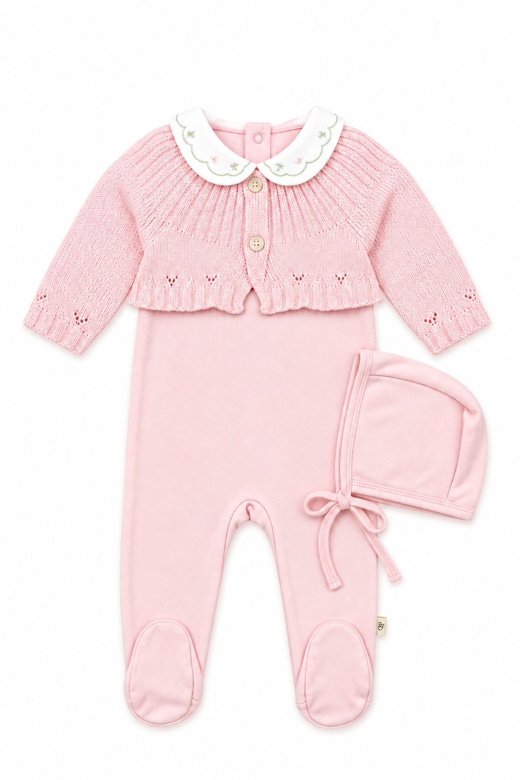 Cherry Embroidered Collar Footie & Cardigan Set in Pink Sorbet by Bebe Bella