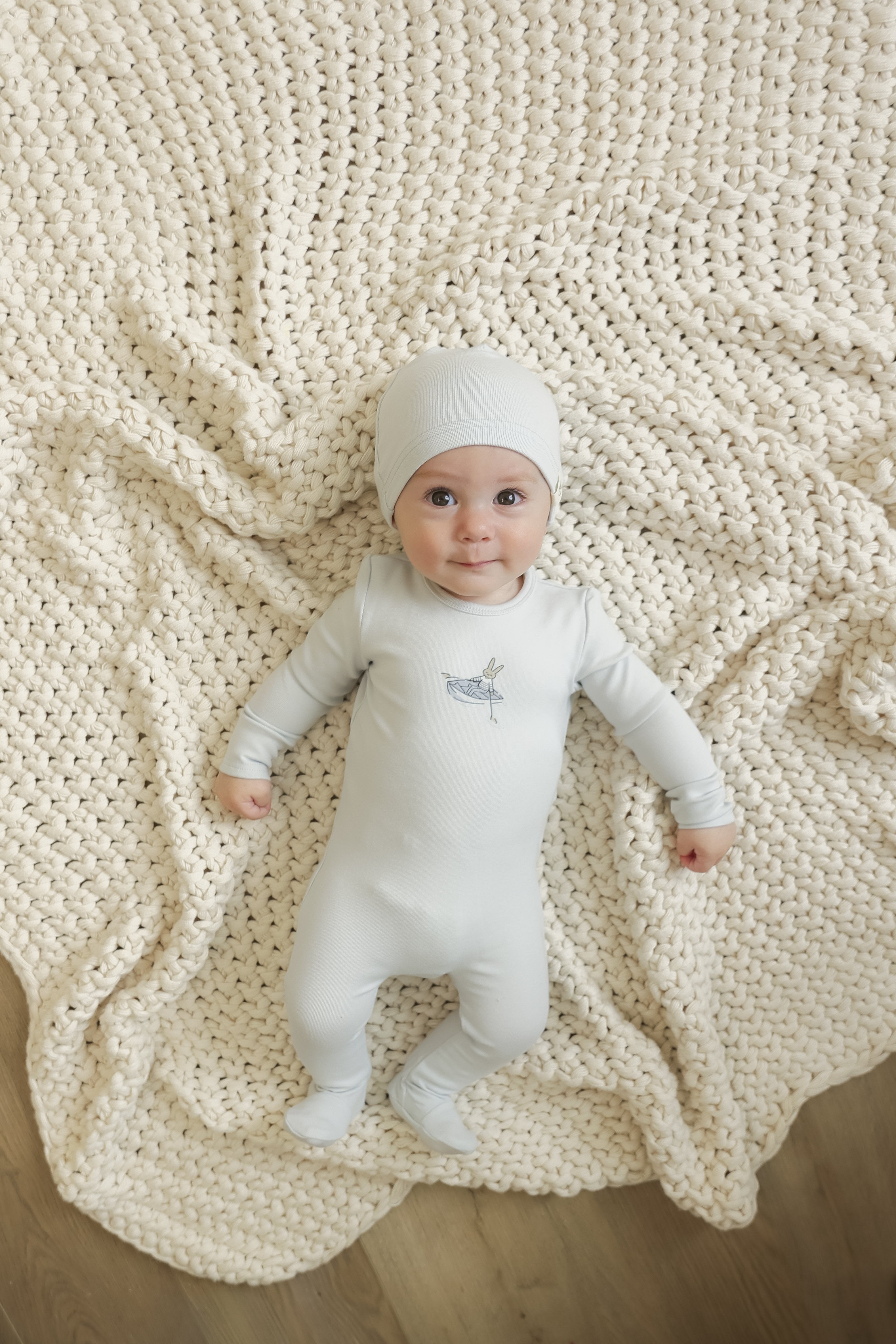 Sail Boat Bunny Print Footie in Moonstone Blue by Bebe Bella