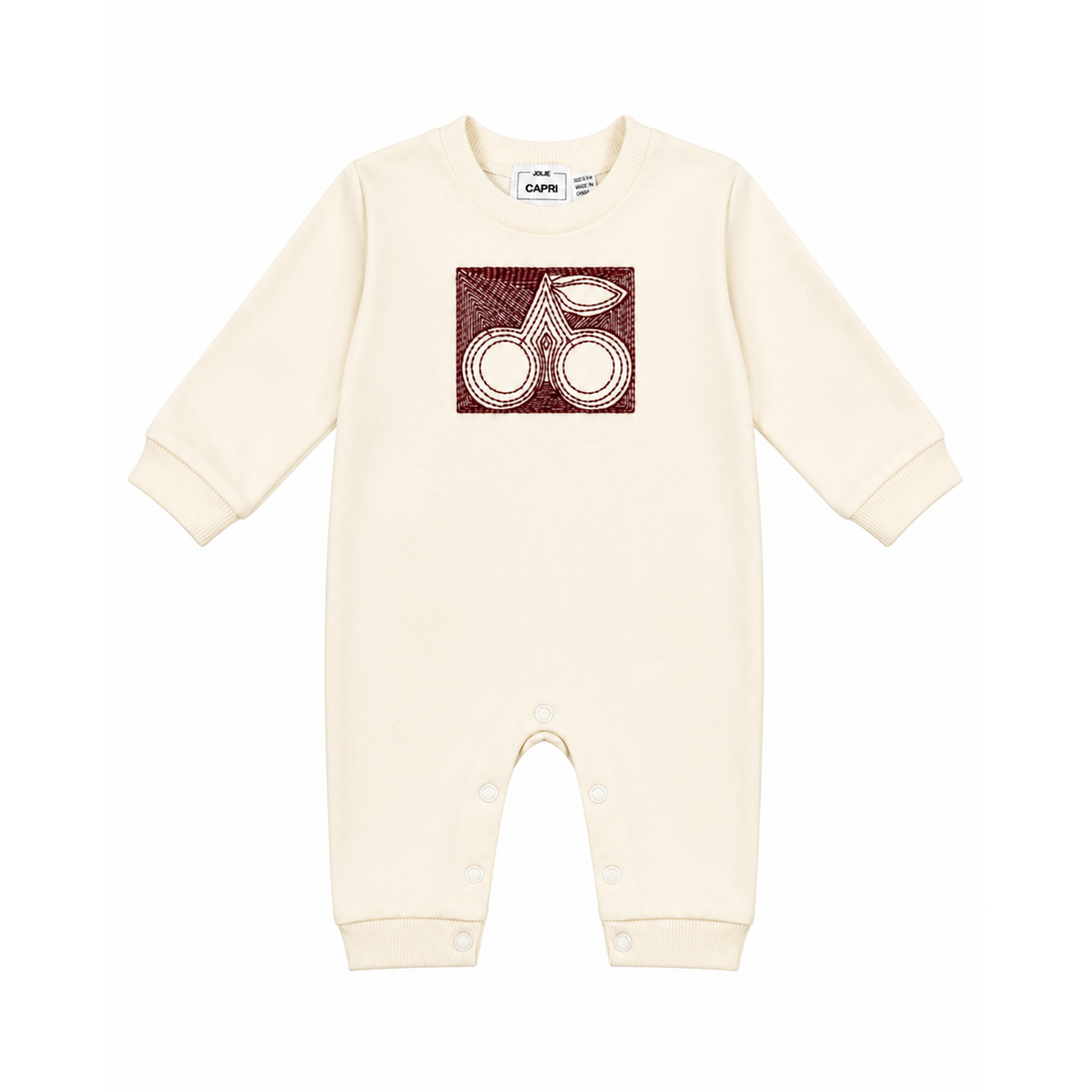 French Fleece Romper With Cherry Embroidery in Cream by Jolie Capri