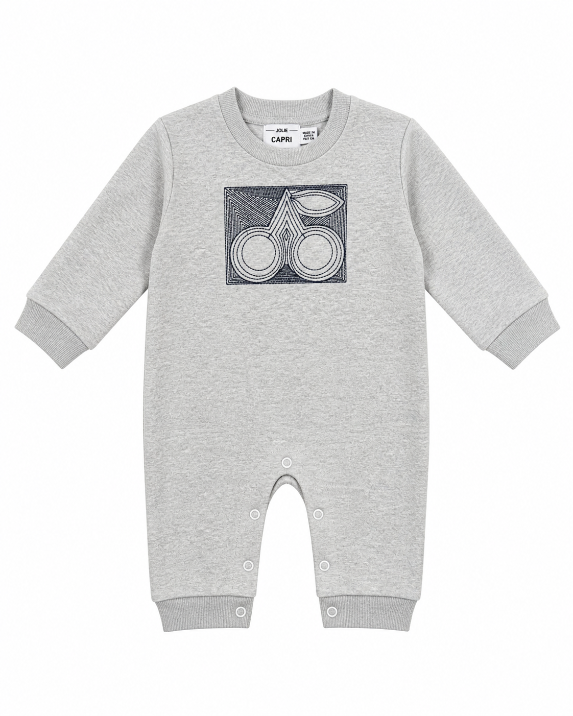 French Fleece Romper With Cherry Embroidery in Light Grey Mix by Jolie Capri