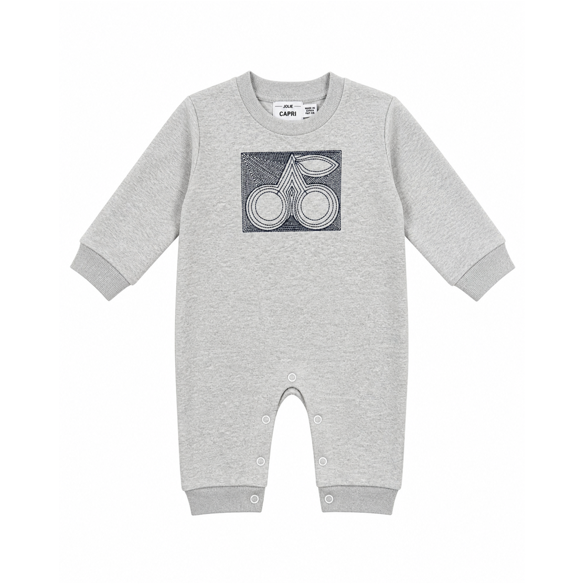 French Fleece Romper With Cherry Embroidery in Light Grey Mix by Jolie Capri