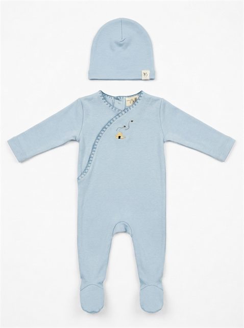 Honeybee, Flower & Rolling Horse Cotton Spandex Footie in Blue by Bebe Bella