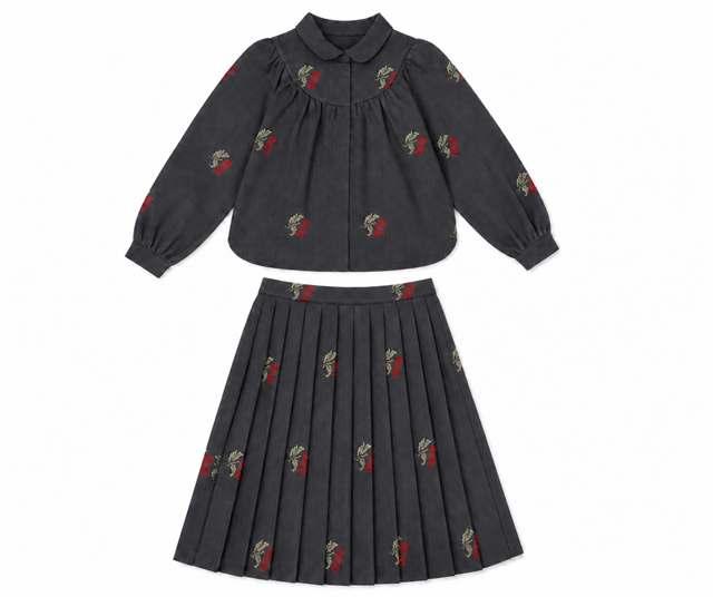Cherry Cross Stitch Embroidery Blouse And Skirt Set in Grey by Space Grey