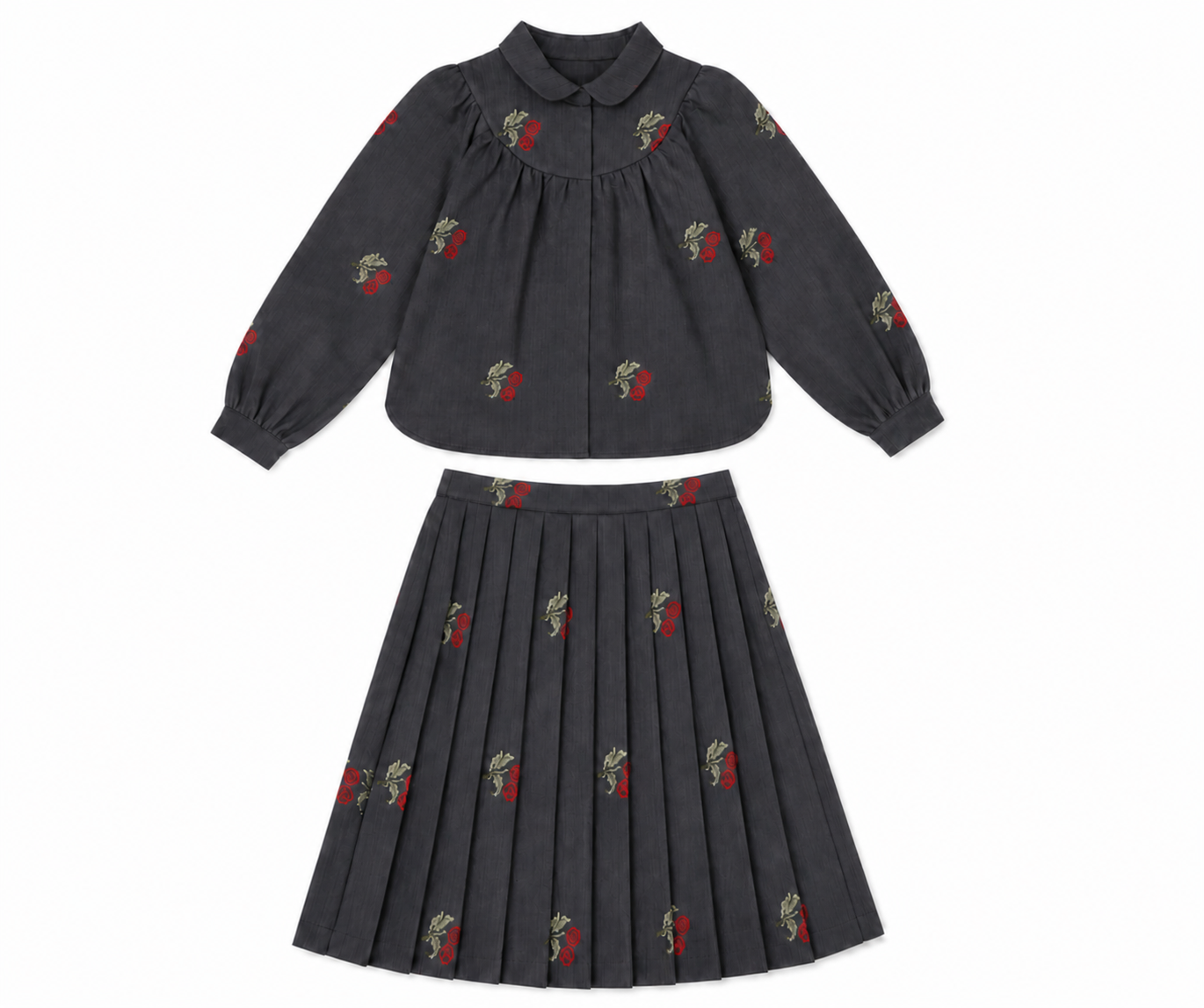 Cherry Cross Stitch Embroidery Blouse And Skirt Set in Grey by Space Grey