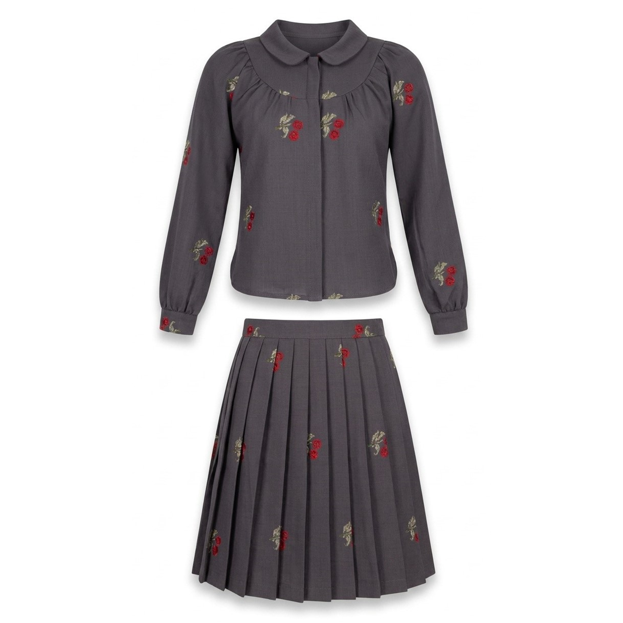 Cherry Cross Stitch Embroidery Blouse And Skirt Set in Grey by Space Grey