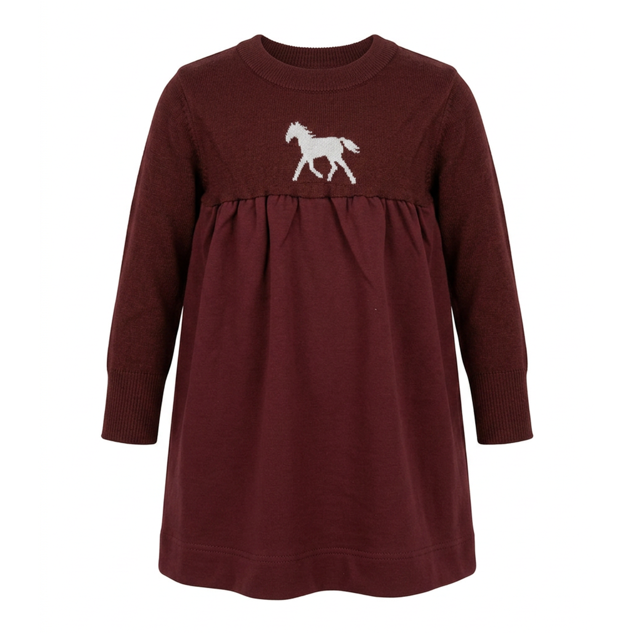 Horse Jacquard Knit & Fleece Dress in Burgundy by Puddles