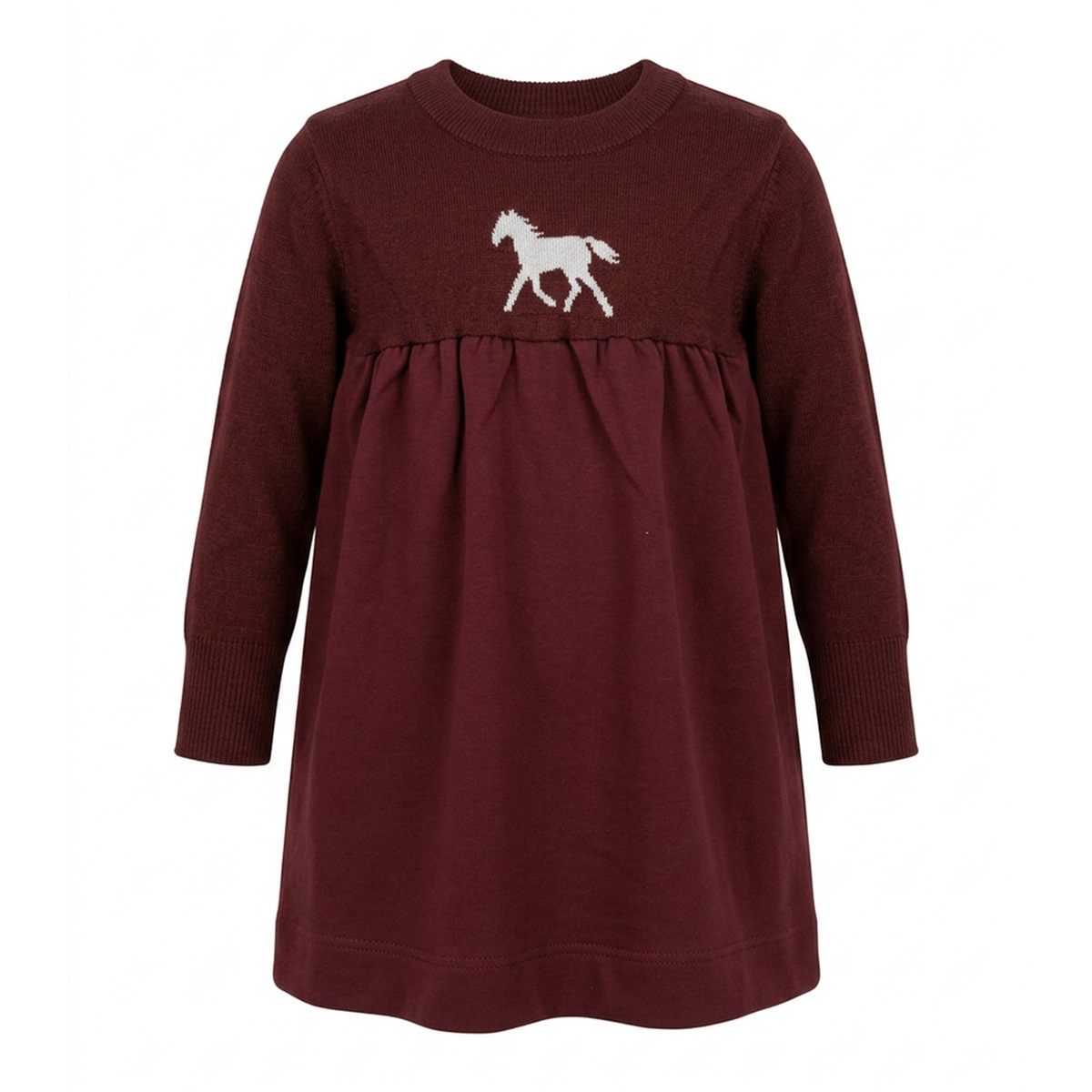 Horse Jacquard Knit & Fleece Dress in Burgundy by Puddles