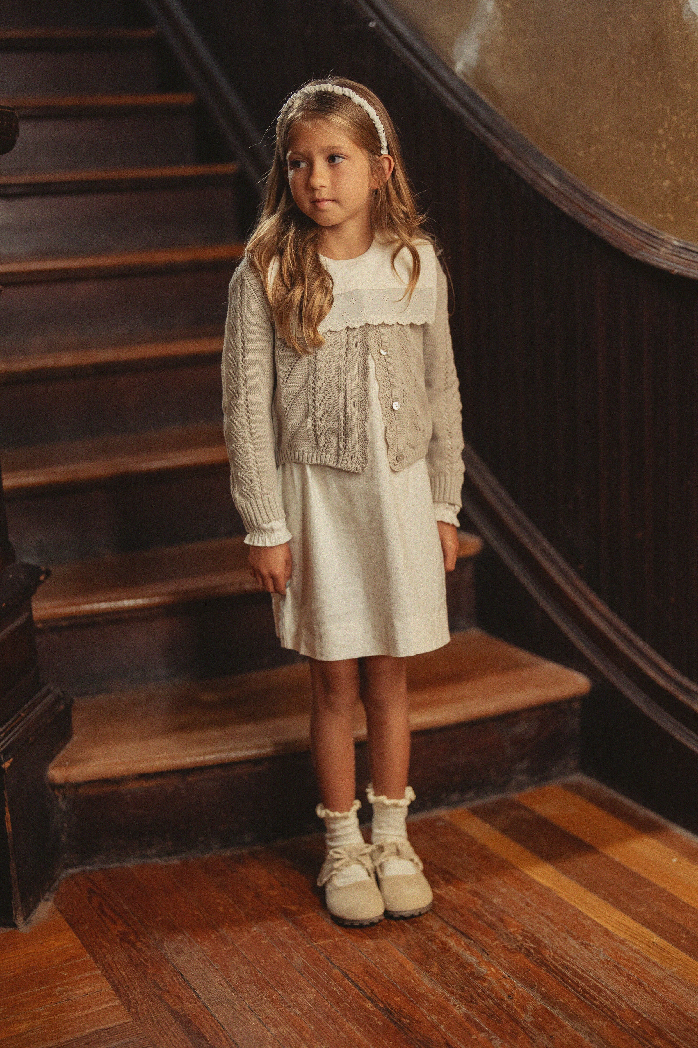 Ruffle Collar Dress With Cardigan Set