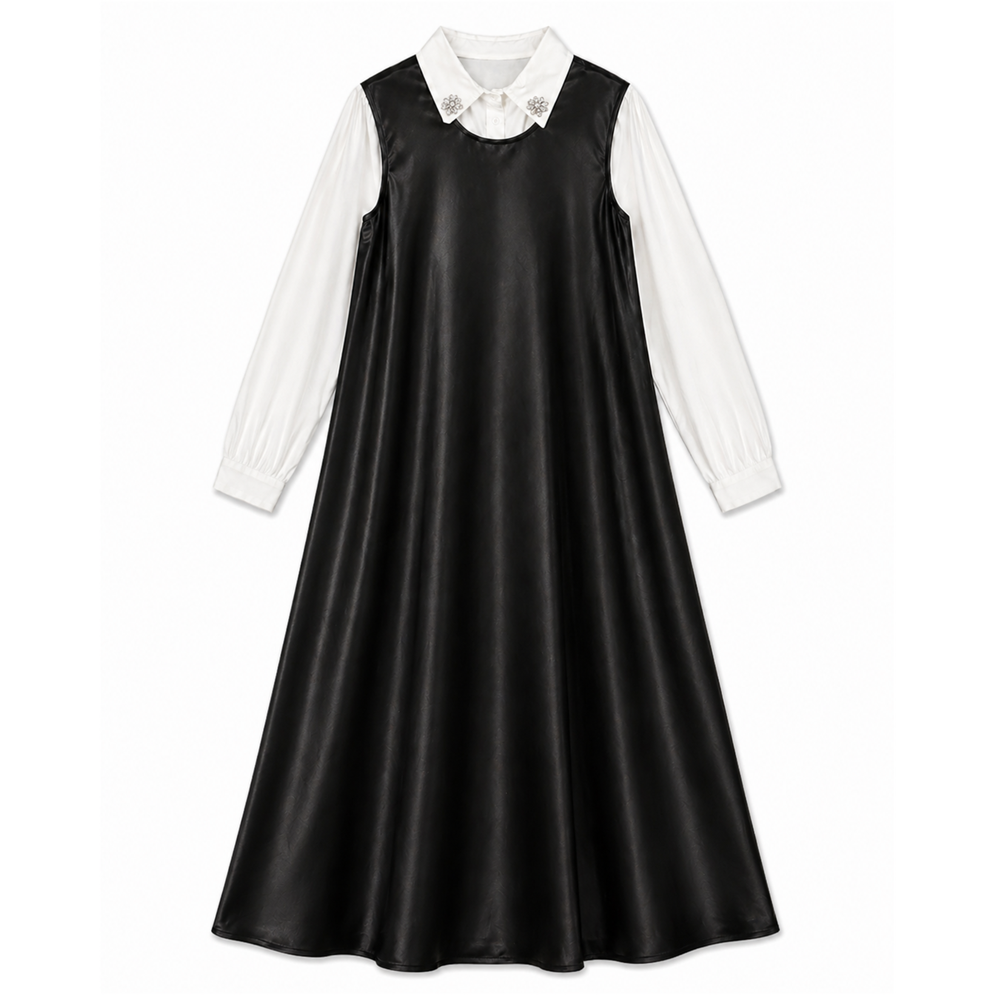 Woven Cotton Shirt With Satin Jumper Set in White Black by Imagine