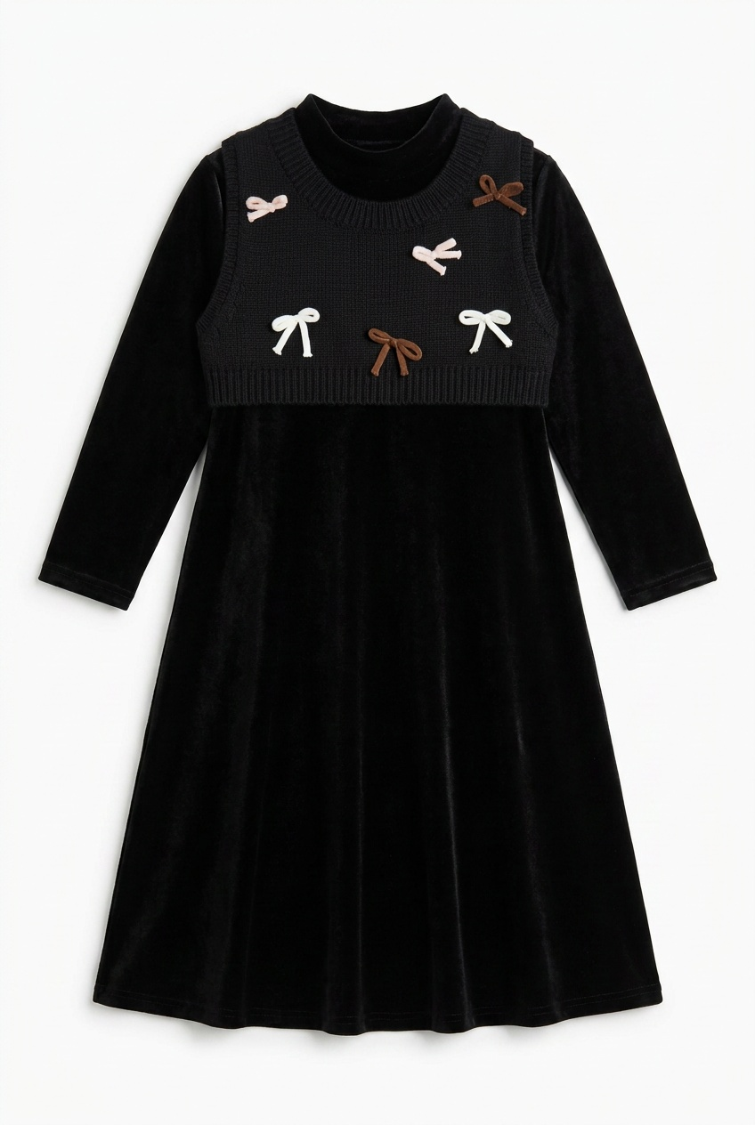 Knit Bow Cropped Vest With Slinky Velour Robe Set in Black Black by Seal