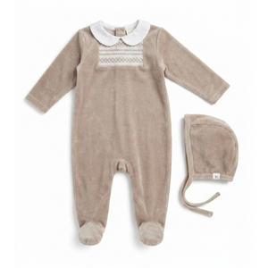 Smocked Velour Footie in Beige by Bebe Bella
