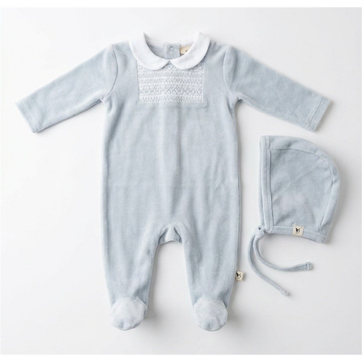 Smocked Velour Footie in Blue by Bebe Bella