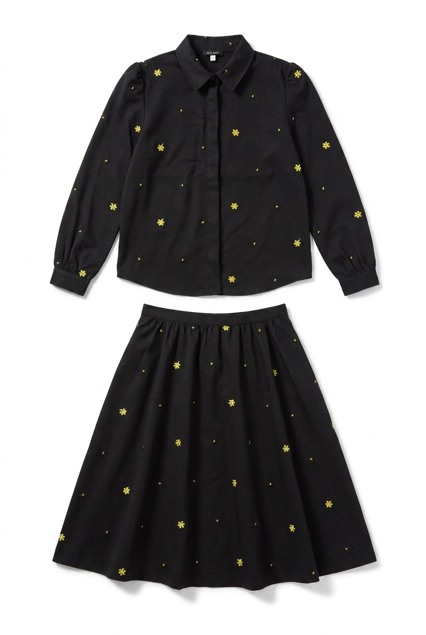 Floral Embroidered Blouse & Skirt Set in Black by Space Grey