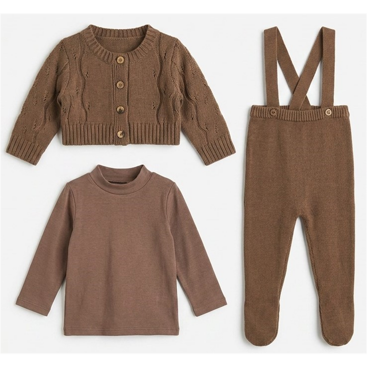 Overall Cardigan & Mock Neck Set in Brown by Space Grey