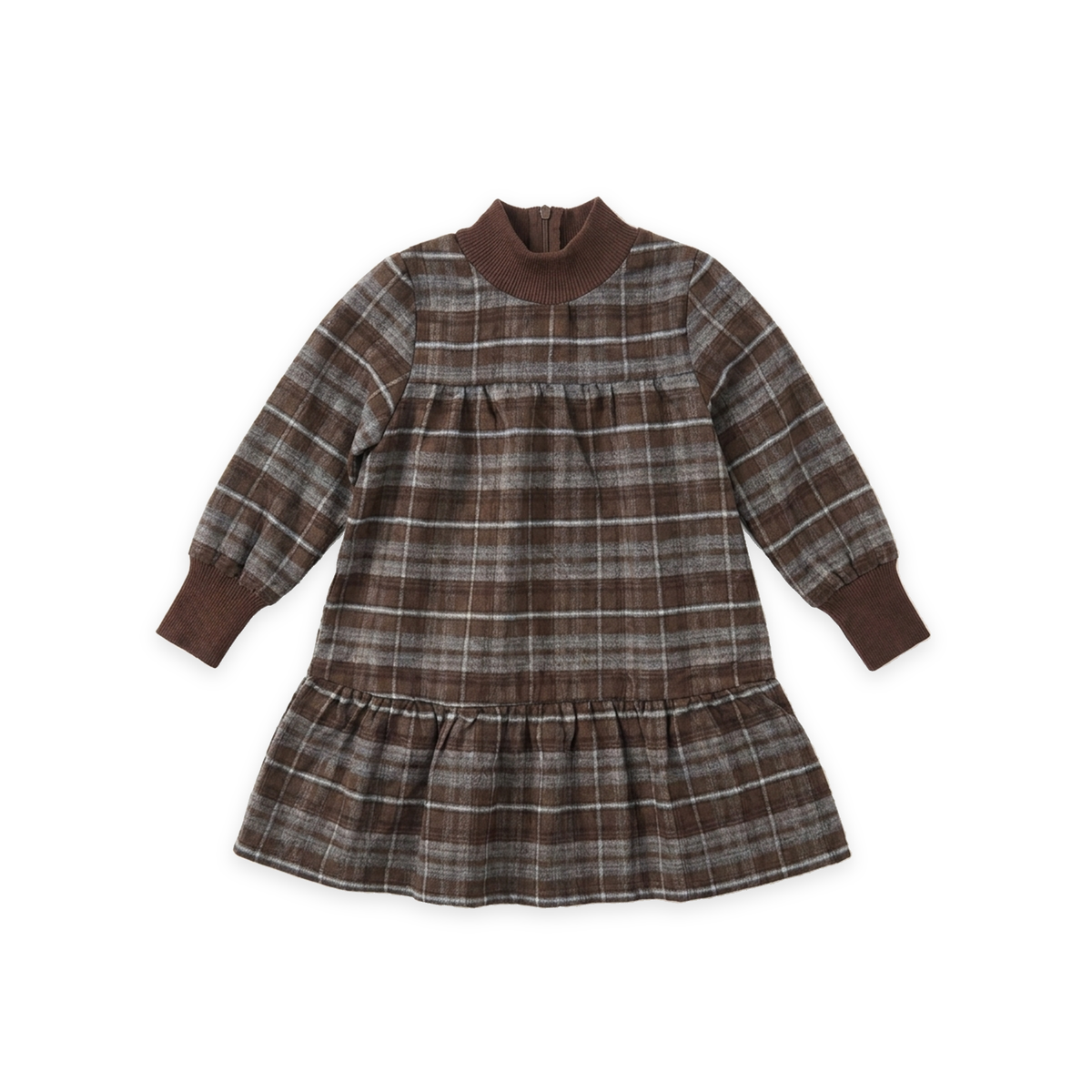Plaid Dress With Knit Mock Neck & Cuff in Brown by Space Grey