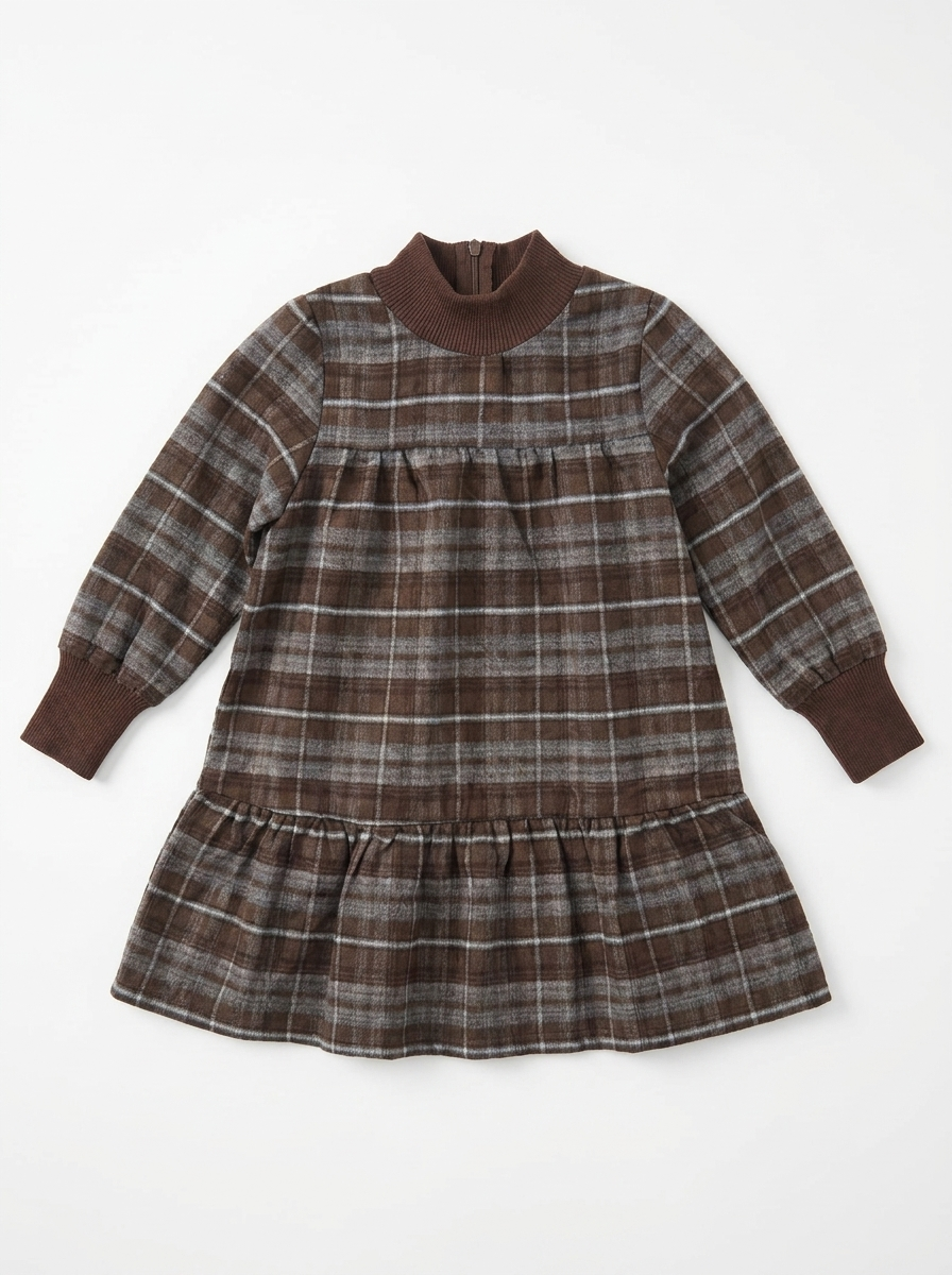 Plaid Dress With Knit Mock Neck & Cuff in Brown by Space Grey