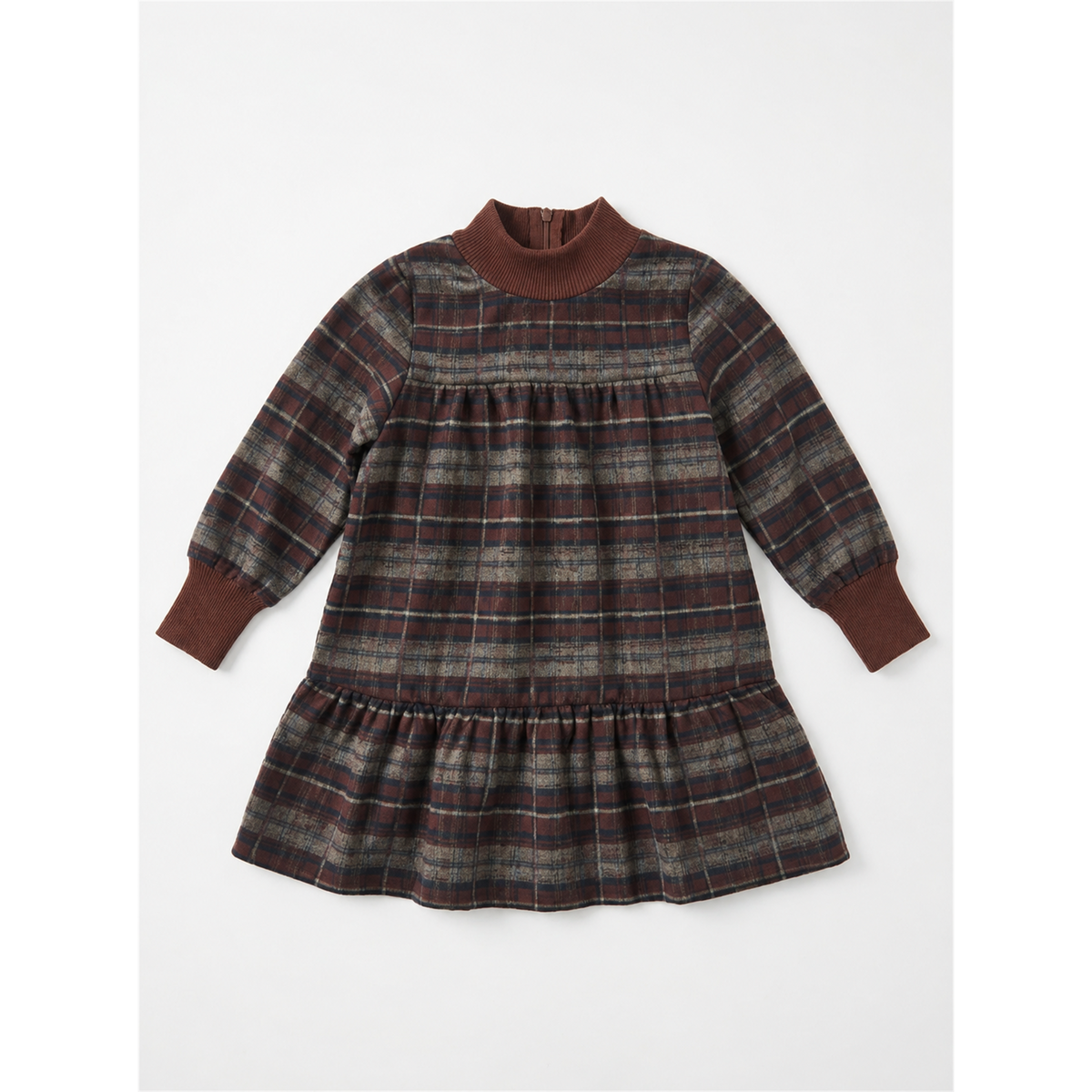 Plaid Dress With Knit Mock Neck & Cuff in Mahogany by Space Grey