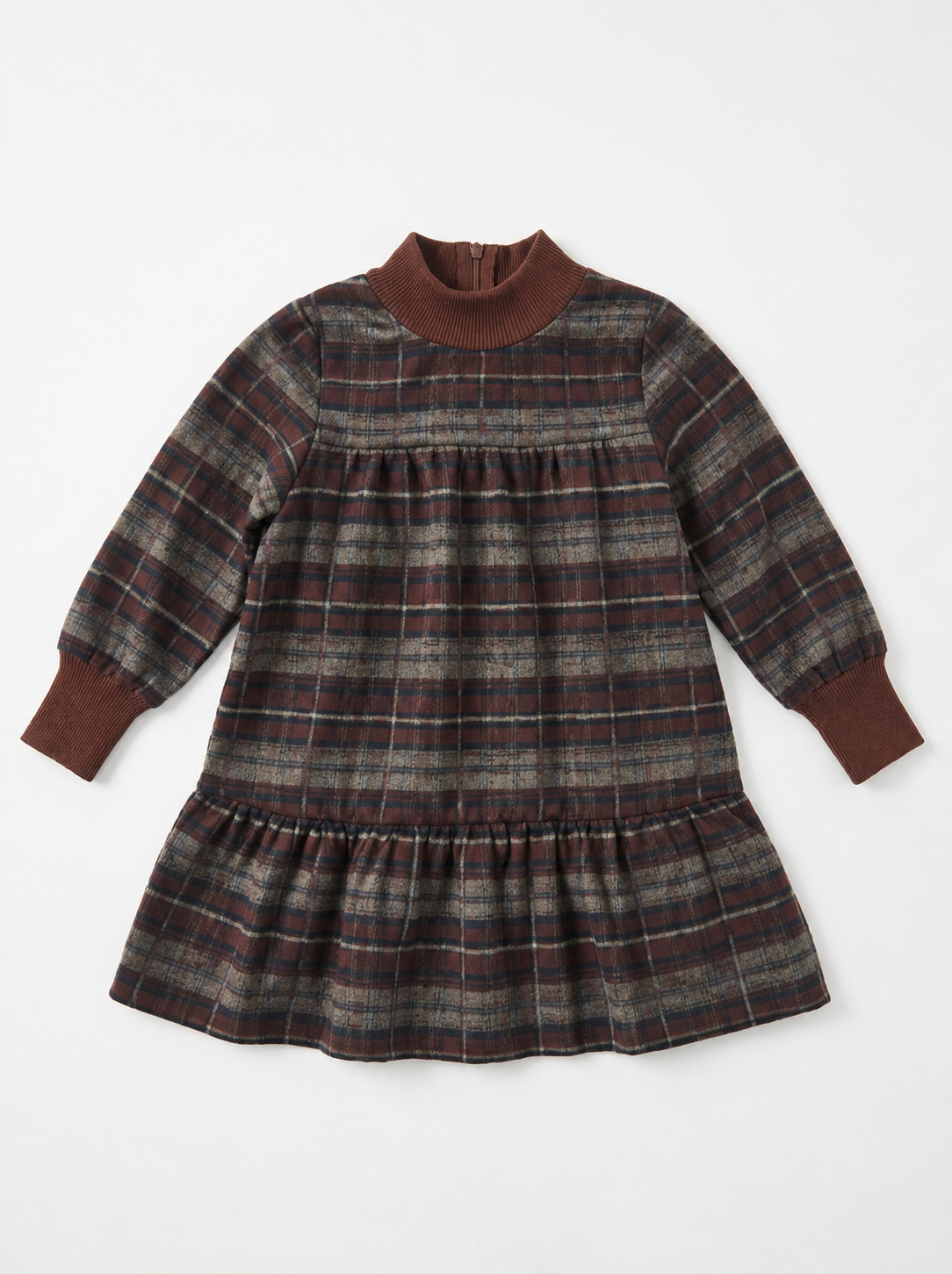 Plaid Dress With Knit Mock Neck & Cuff in Mahogany by Space Grey