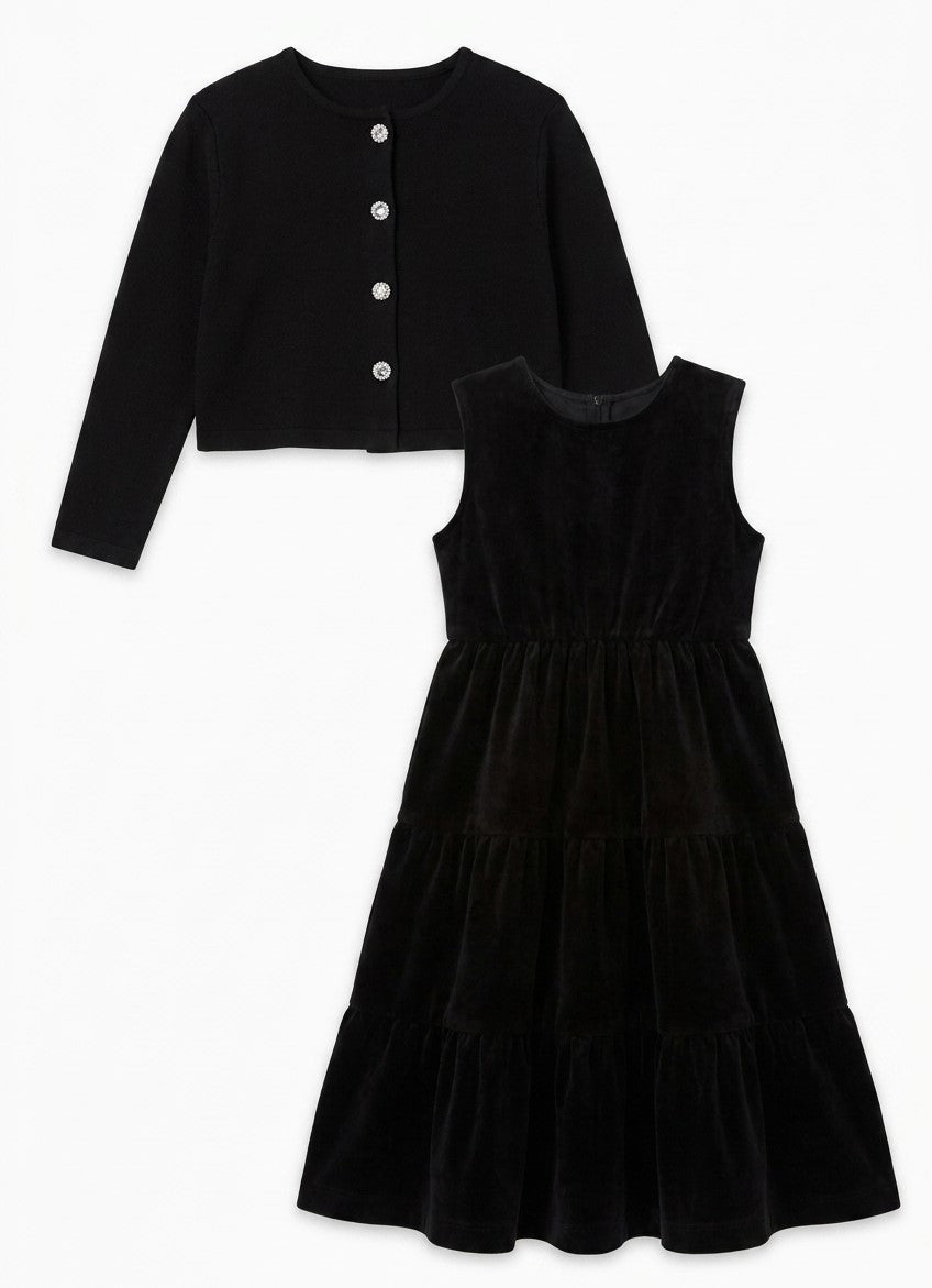 Velour Tiered Dress & Rib Cardigan Set