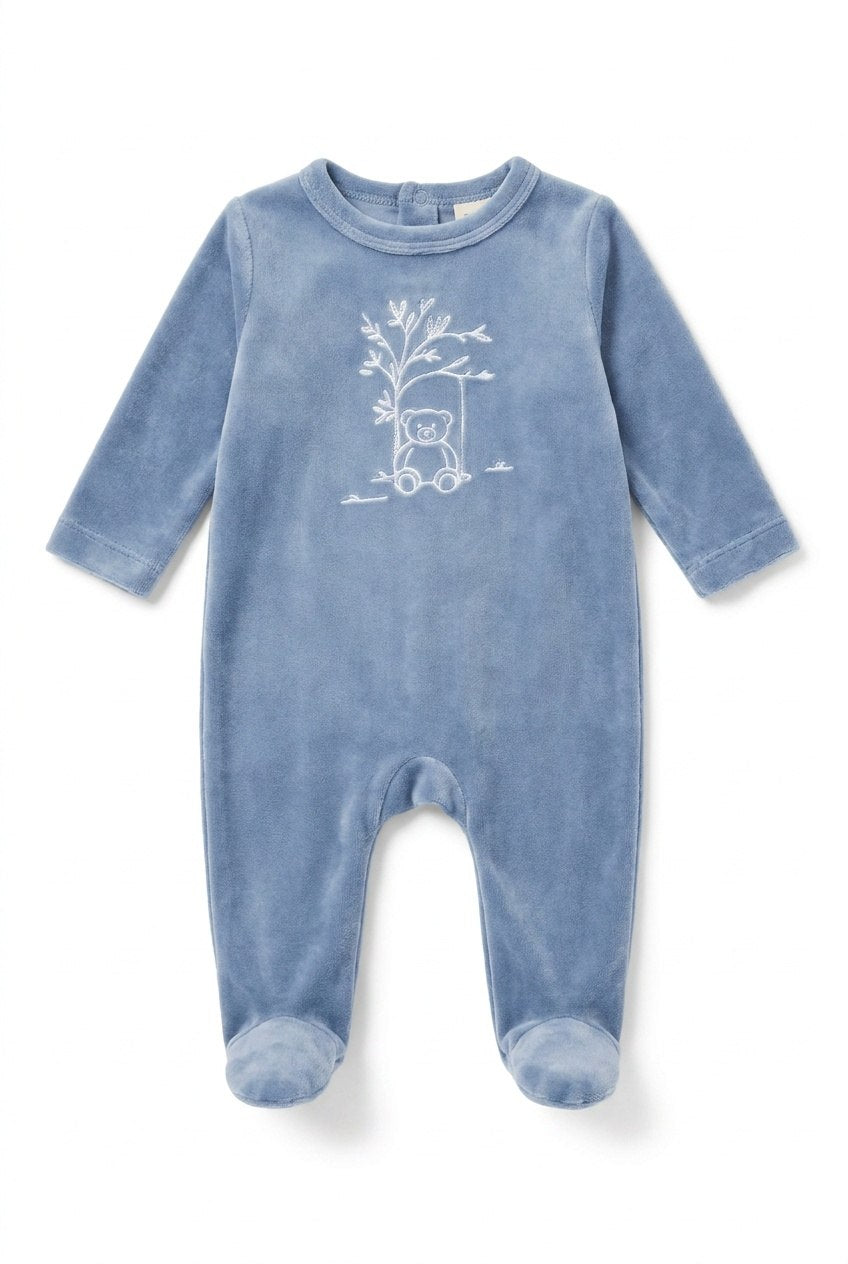 Bear Embroidered Velour Footie in Blue by Lux Baby