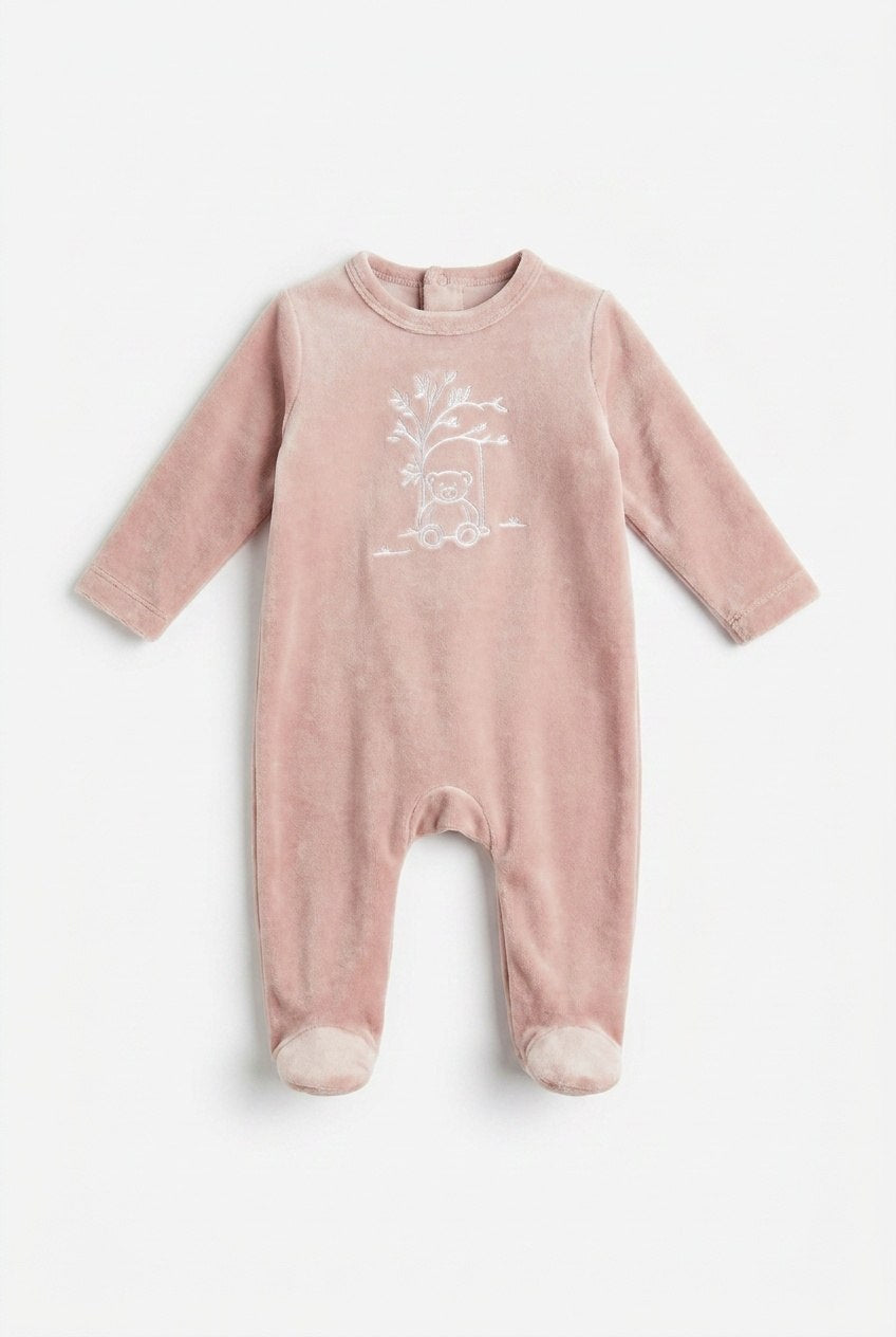 Bear Embroidered Velour Footie