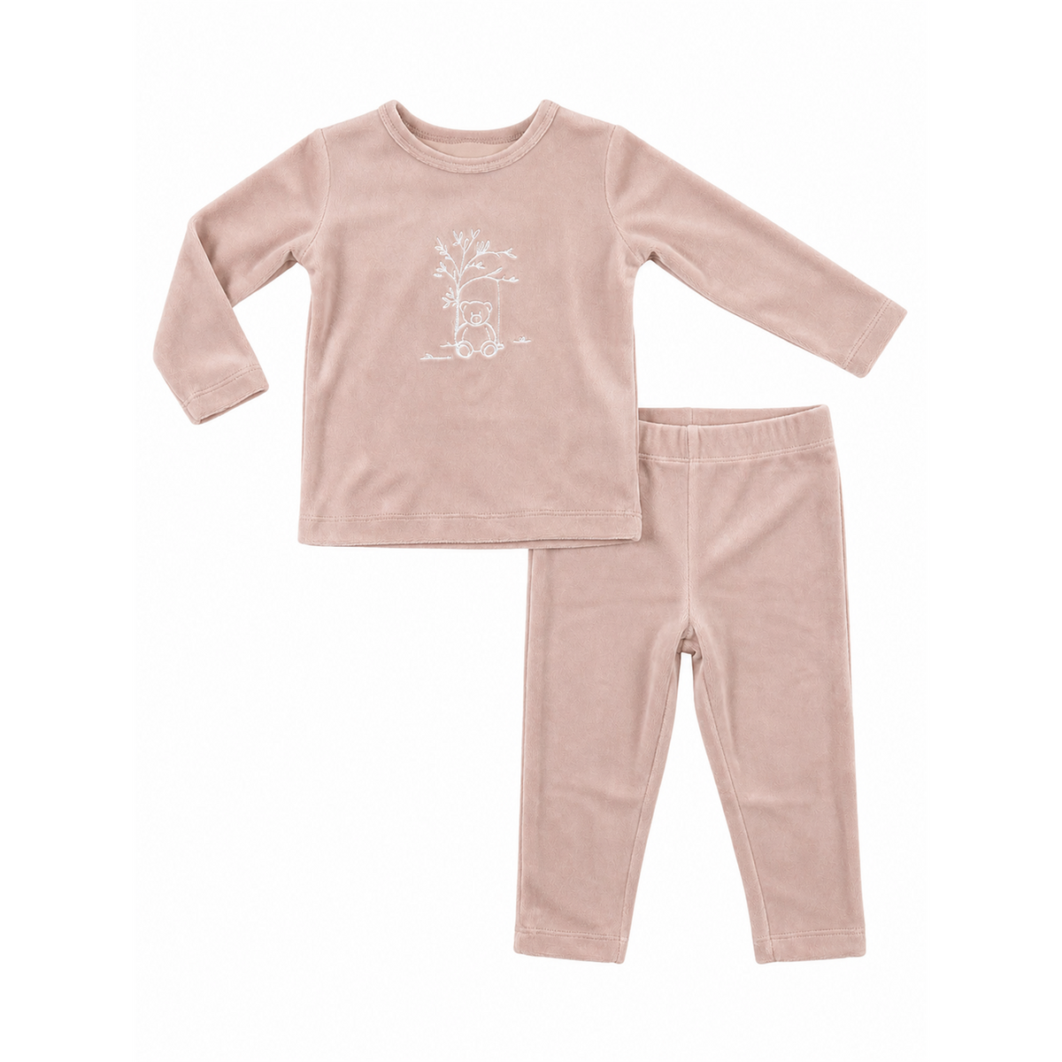 Bear Embroidered Velour Pajama Set in Pink by LUX Regular