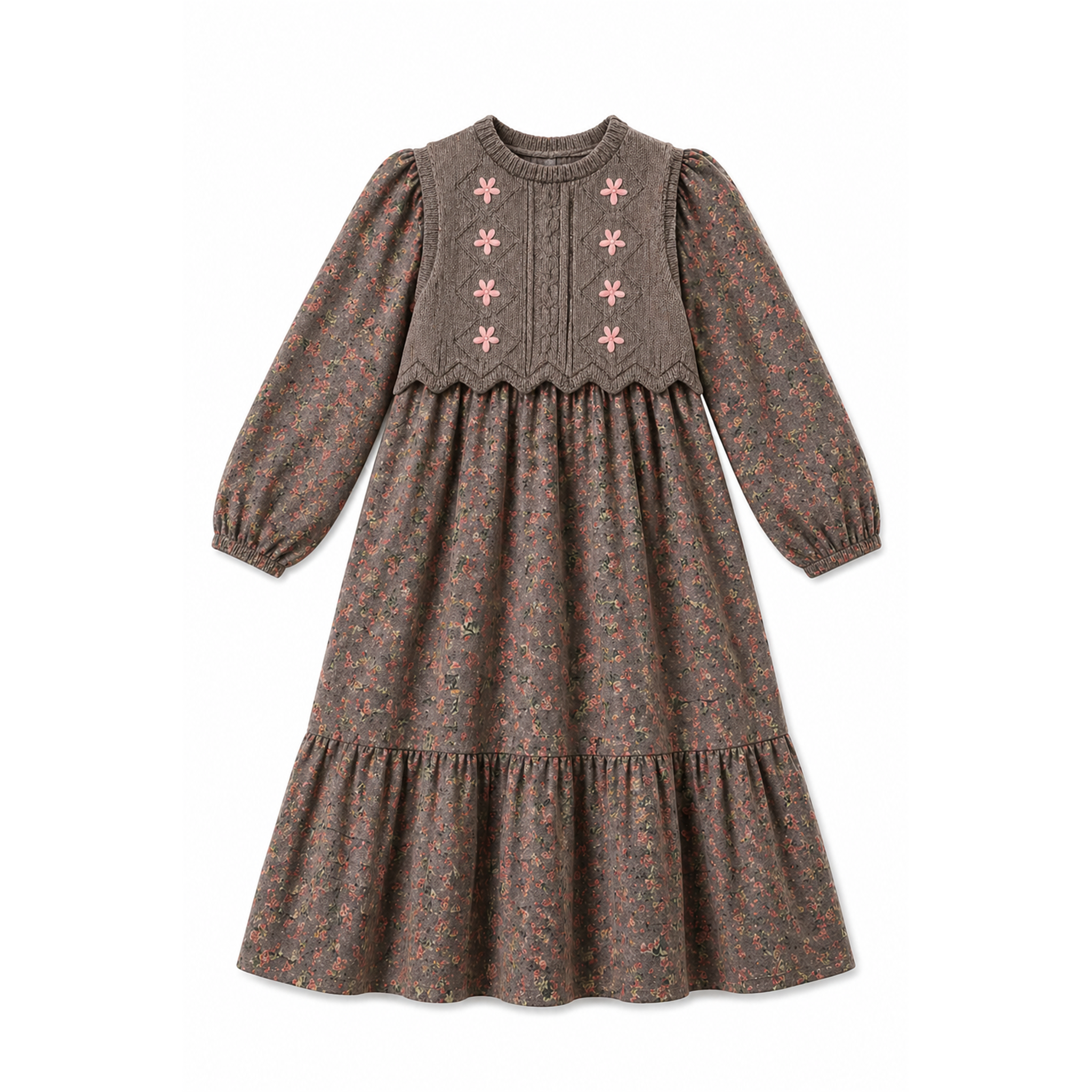 Floral Dress with Knit Sweater Vest Set in Beige by Space Grey