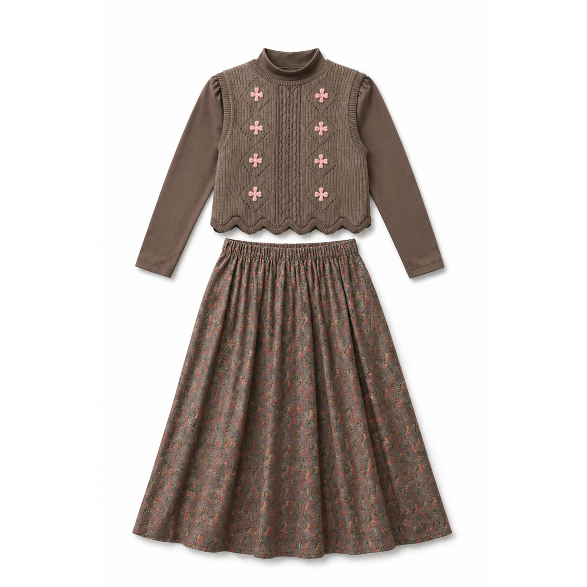Mock Neck Top, Floral Skirt & Vest Set in Beige by Space Grey