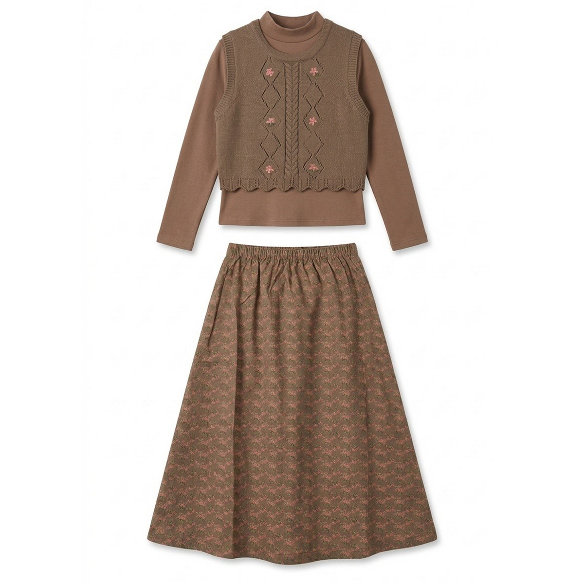 Mock Neck Top, Floral Skirt & Vest Set in Beige by Space Grey