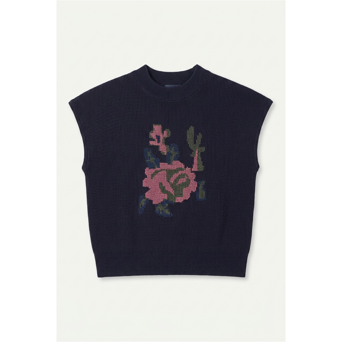 Floral Embroidery Knit Cropped Vest in Navy by Noni