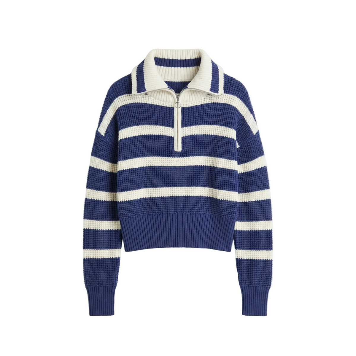 Striped Waffle Knit Pullover With Half Zipper in Blue White by Noni
