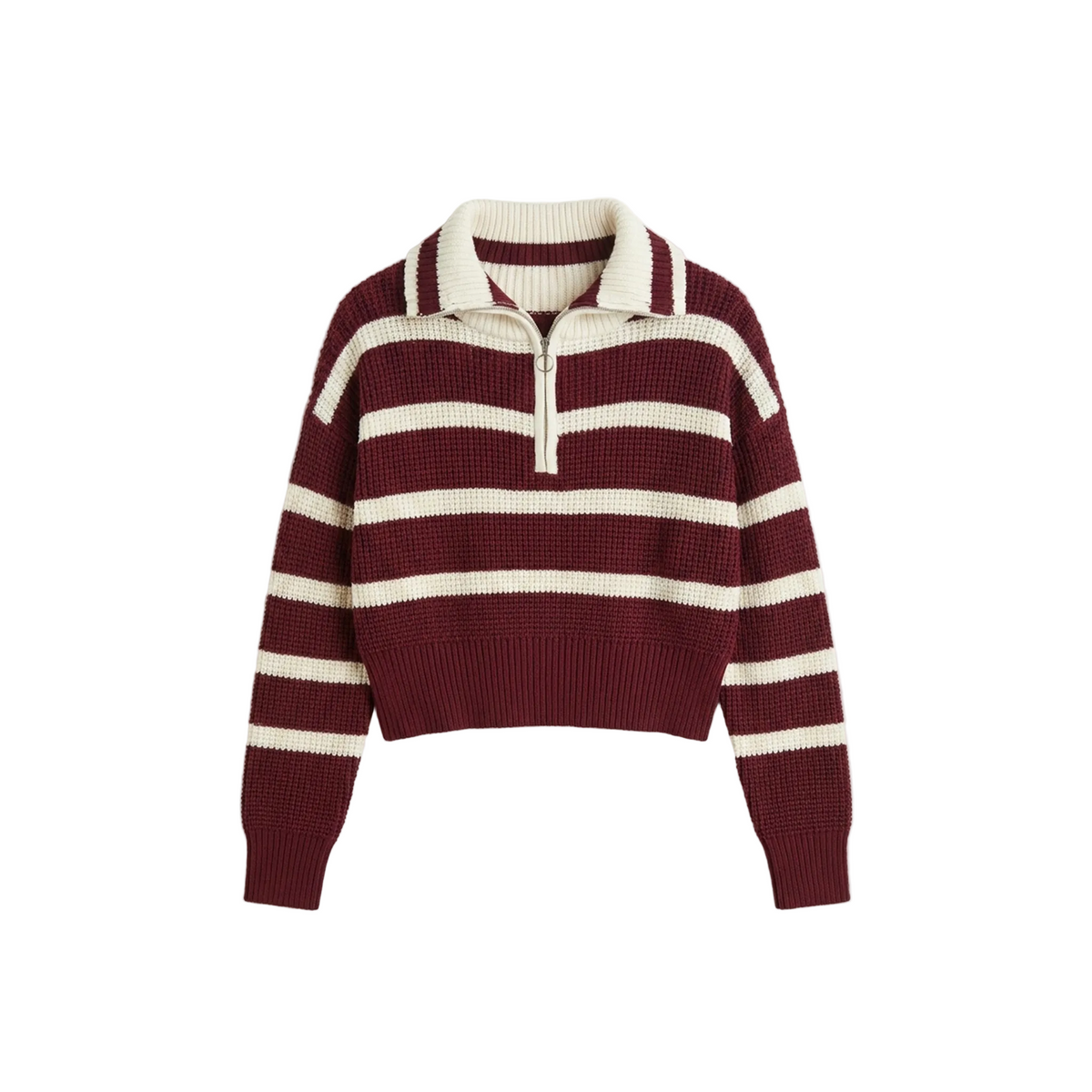 Striped Waffle Knit Pullover With Half Zipper in Burgundy White by Noni